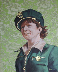 This mixed media artwork is a portrait of a woman cabbie from the 1940s. I worked with acrylic paint to portray the woman. For the background, I researched vintage wallpaper designs from the time and hand-embroidered the design. To embellish the medallion of this cabbie-in-training and her the zippers I used 23k gold leaf. I also chose actual gold leaf as a way to literally speak of her value and worth. It’s a means to honor her and speak to the irony of being documented by a photographer but not worthy enough of documenting her name. My embroidery is another way to give her time and honor her memory. I consciously choose traditionally decorative or “female” materials as another means to celebrate this unknown, unsung woman who I have named Barbara.