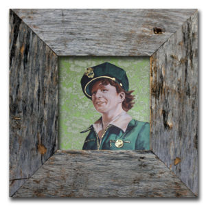 This mixed media artwork is a portrait of a woman cabbie from the 1940s. I worked with acrylic paint to portray the woman. For the background, I researched vintage wallpaper designs from the time and hand-embroidered the design. To embellish the medallion of this cabbie-in-training and her the zippers I used 23k gold leaf. I also chose actual gold leaf as a way to literally speak of her value and worth. It’s a means to honor her and speak to the irony of being documented by a photographer but not worthy enough of documenting her name. My embroidery is another way to give her time and honor her memory. I consciously choose traditionally decorative or “female” materials as another means to celebrate this unknown, unsung woman who I have named Barbara.