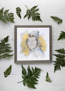 Framed example of Carrie's ink and watercolor and pencil and gold leaf painting of Helen from her Anonymous Woman series