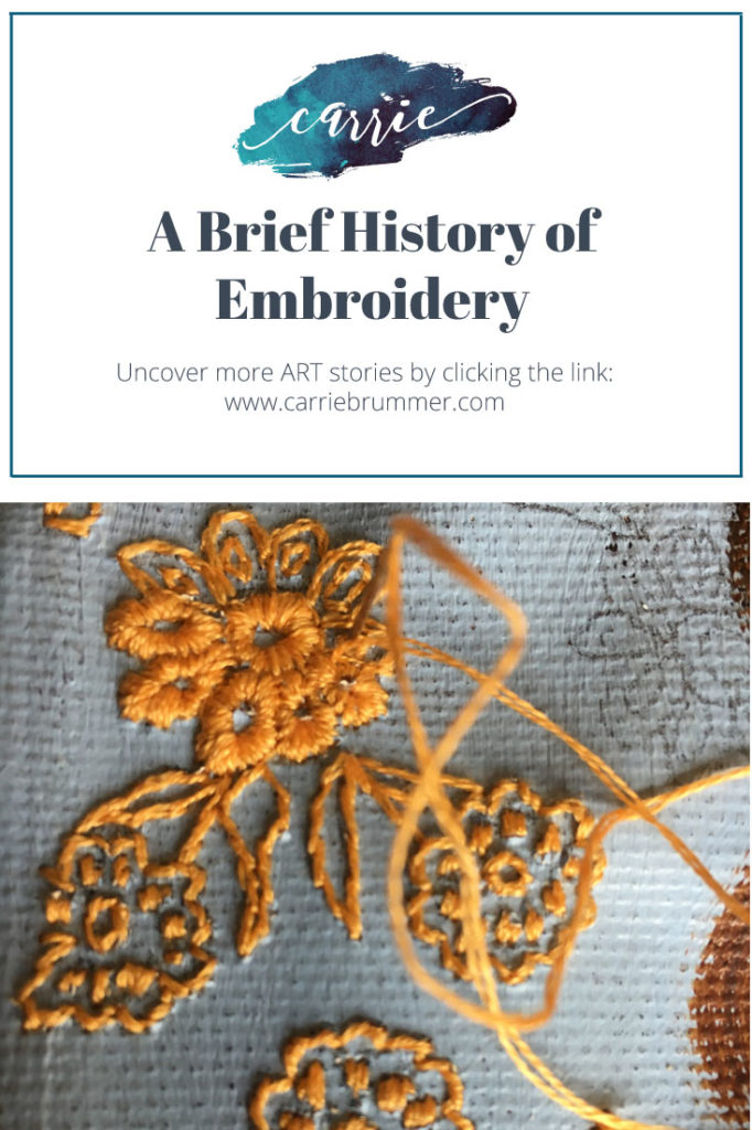 We invented art before we invented human language. There is literally nothing more human I can think of than to practice art. Imagine in our early beginnings foraging for food, water, creating shelter and needing to protect oneself from neighboring tribes, but still finding the time to embroider, to make art.  I grew up in a family where women spent time doing fiber work as an act of love. Reading up on the history of embroidery and seeing how it connects to my own practice has only further my resolve to continue to incorporate embroidery into my art.  In A Brief History of Embroidery I reflect on all of these things.  #embroidery #fiberart #womenempowerment #craftivism #dmcembroidery #artiststrong