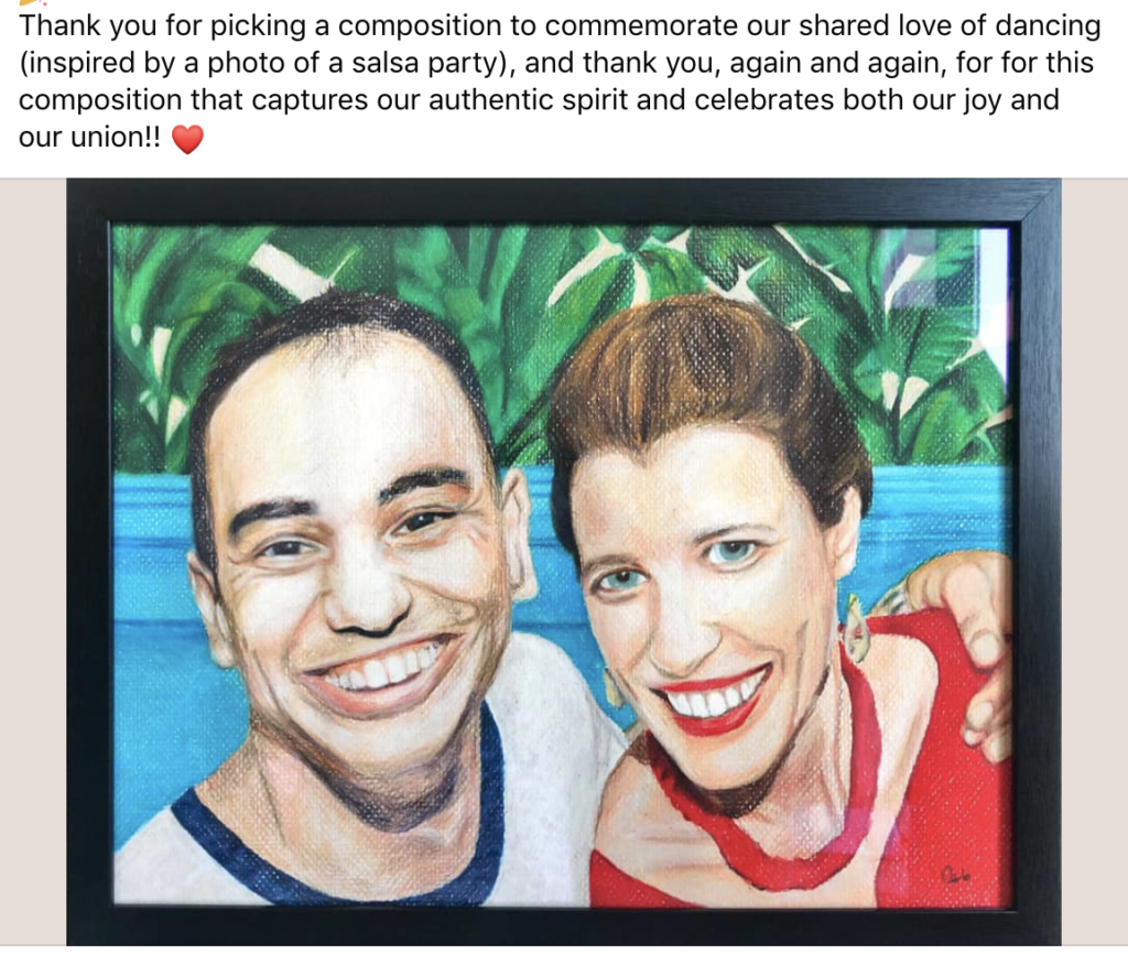 Screen Shot 2021-09-17 at 10.55.05 AM portrait of a man and woman in colored pencil. Man is on the left with dark hair and smiling, his arm is wrapped around the shoulder of the woman on the right who is wearing a red top and also smiling.